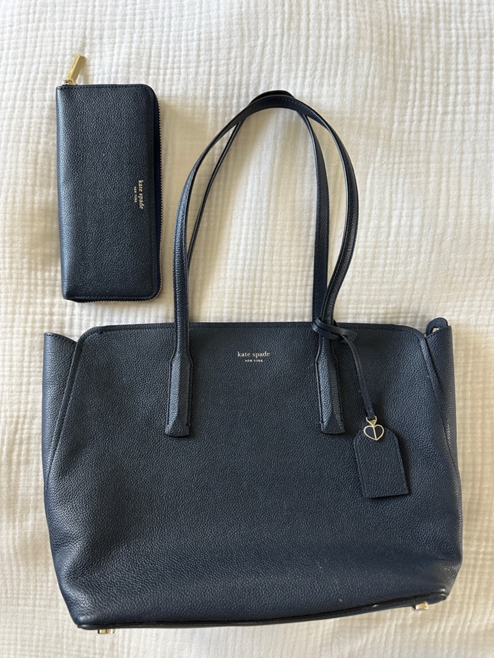 kate spade Navy Pebbled Leather Tote with Charm with matching wallet